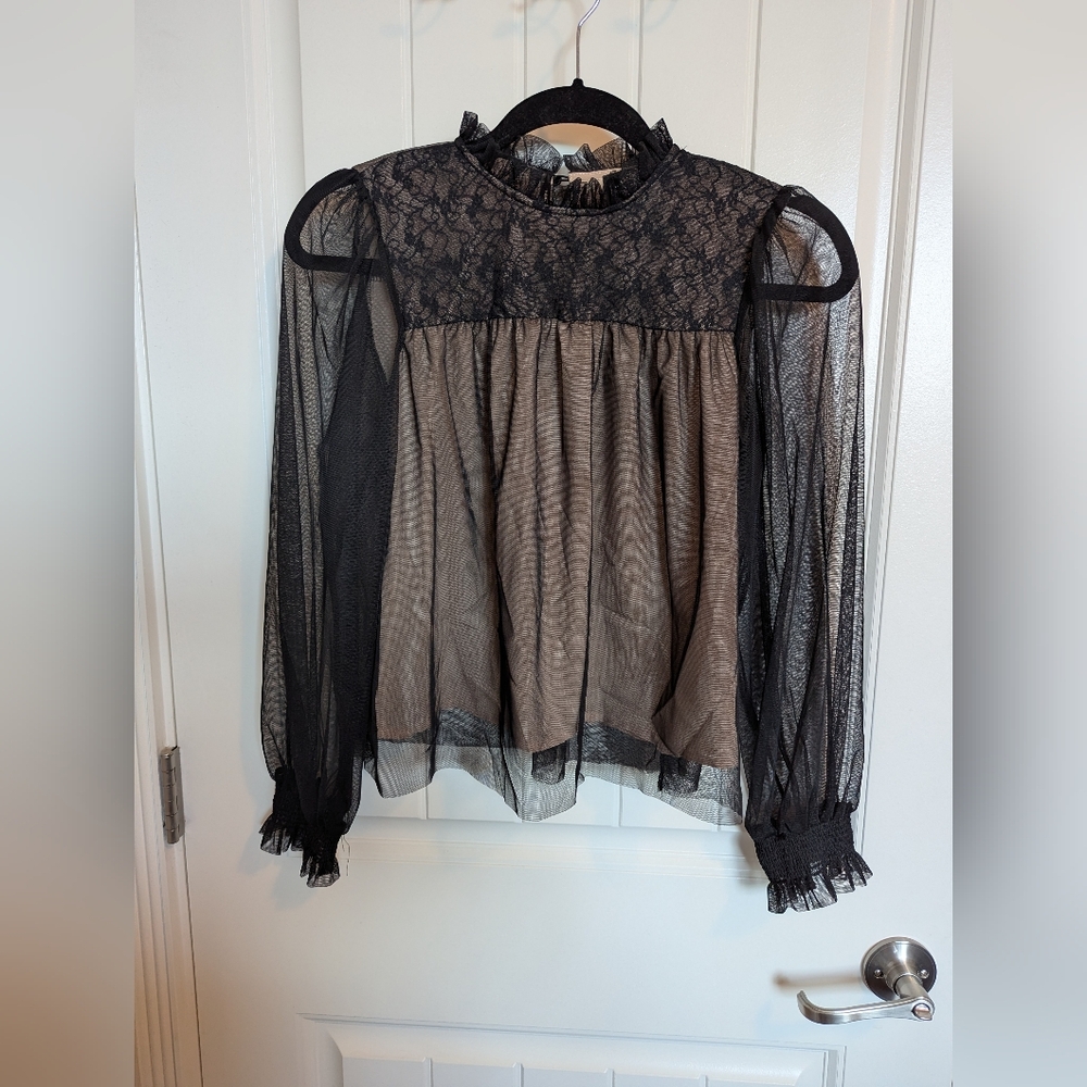 Olivers Black and Tan Ruffled Sheer Blouse